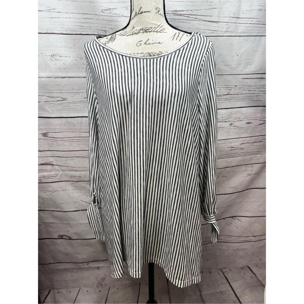Striped Tunic Top Long‎ Sleeve Tie Cuff Casual Relaxed Fit